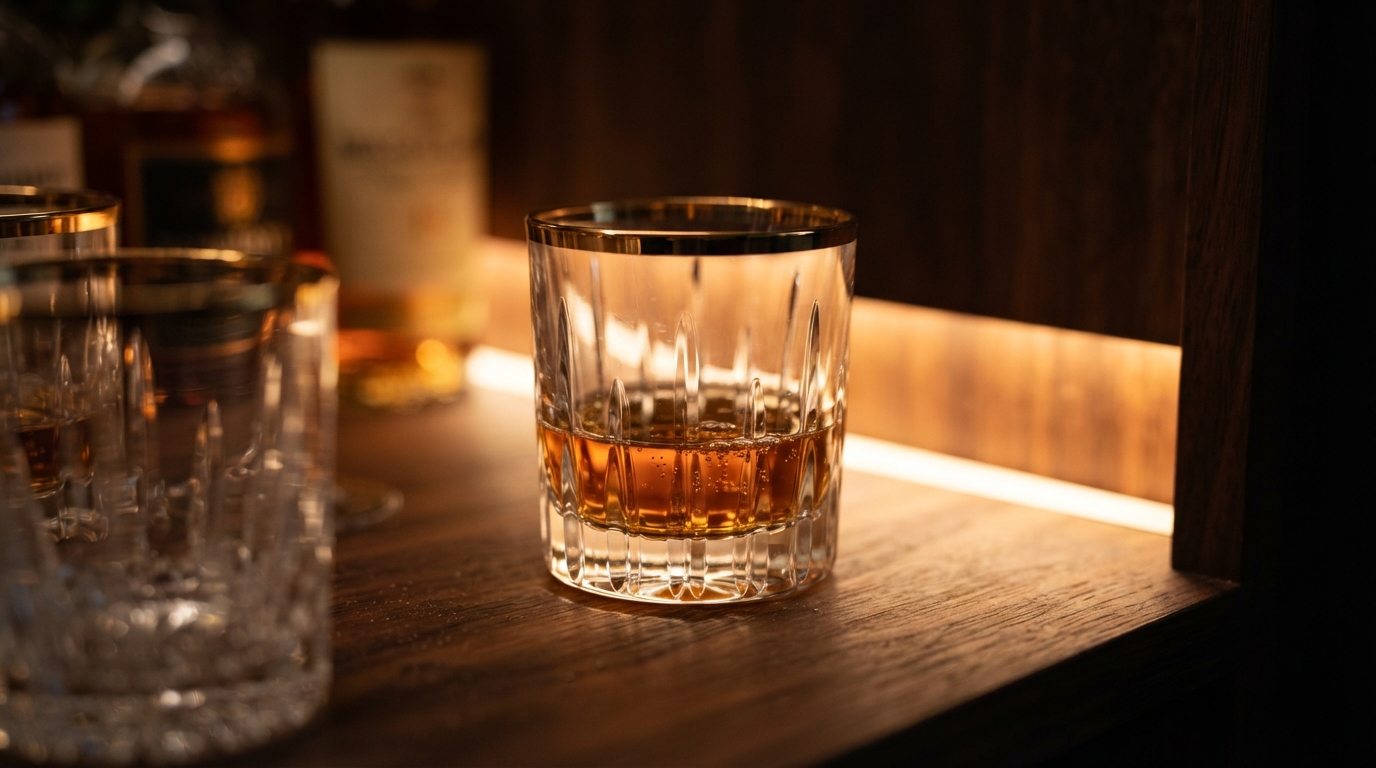 Brushed gold rimmed glassware on a backlit bar shelf