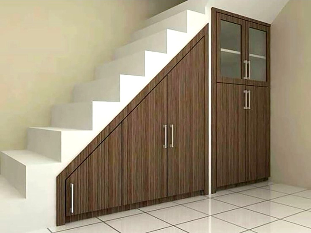 Understair storage with glass cabinet doors