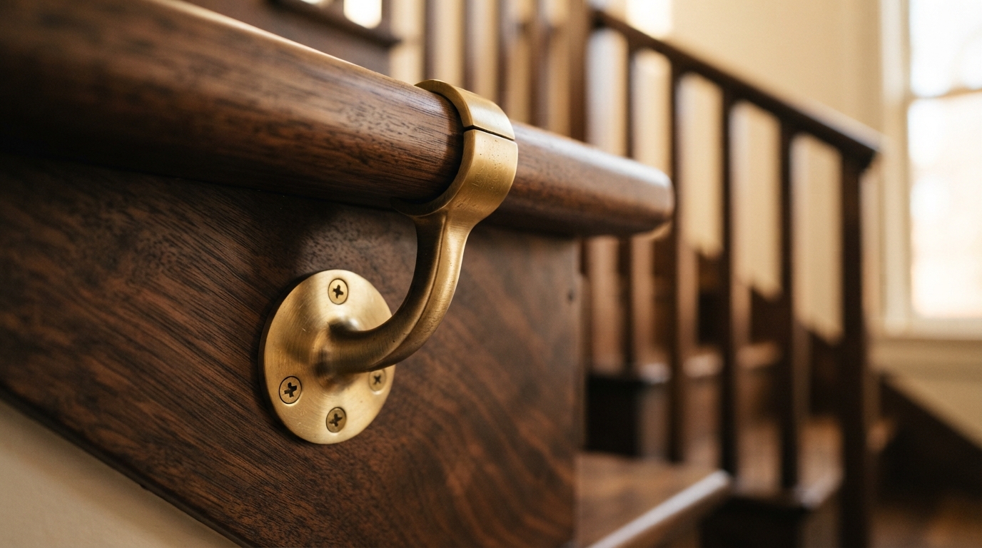 Brushed gold staircase handrail bracket detail