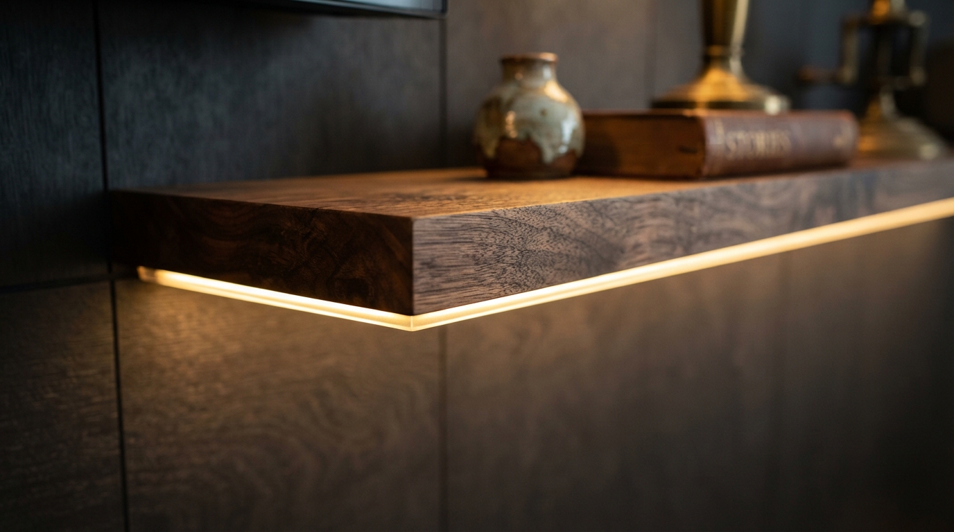Illuminated floating shelf detail on a media wall